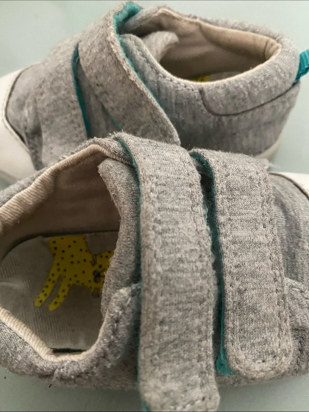 Ten Little Gray and White Baby Walker Shoes with Teal Accent